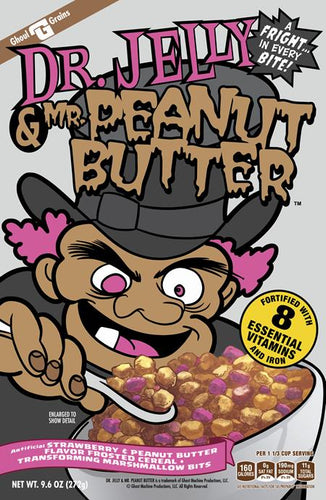 Cereal box featuring a cartoon character with a top hat and pink hair, labeled 'Dr. Jelly & Mr. Peanut Butter'.