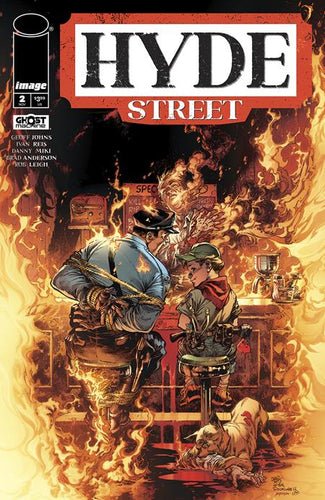 Comic book cover of 'Hyde Street' with two characters in a fiery setting.