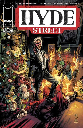 Comic book cover of 'Hyde Street' with a man in a suit and sunglasses amidst festive decorations.