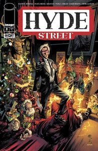 Comic book cover of 'Hyde Street' with a man in a suit and sunglasses amidst festive decorations.